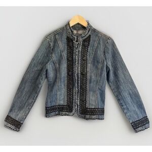Baccini S Blue Denim Jacket Crochet Floral Black Trim Hook Eye‎ Closure Stretch